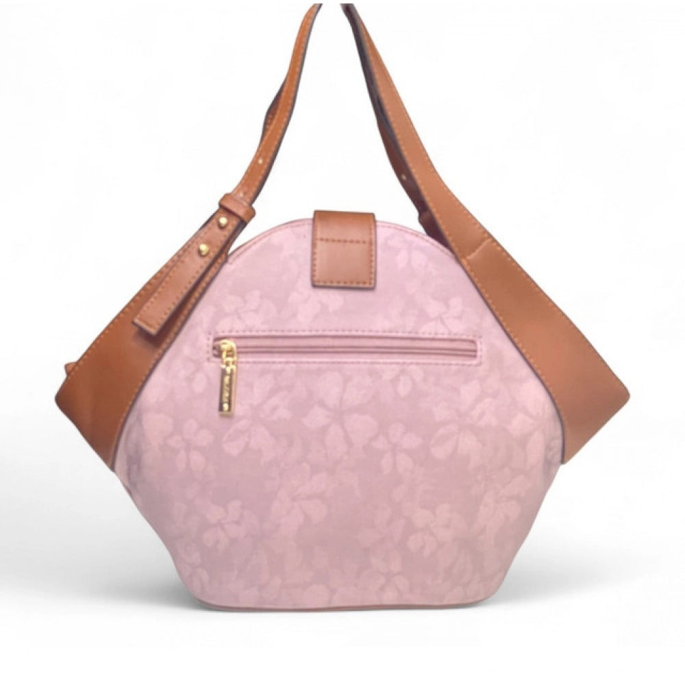 Women's Polyurethane Floral Printed Hexagonal Satchel Handbag with Adjustable Strap (Pink)