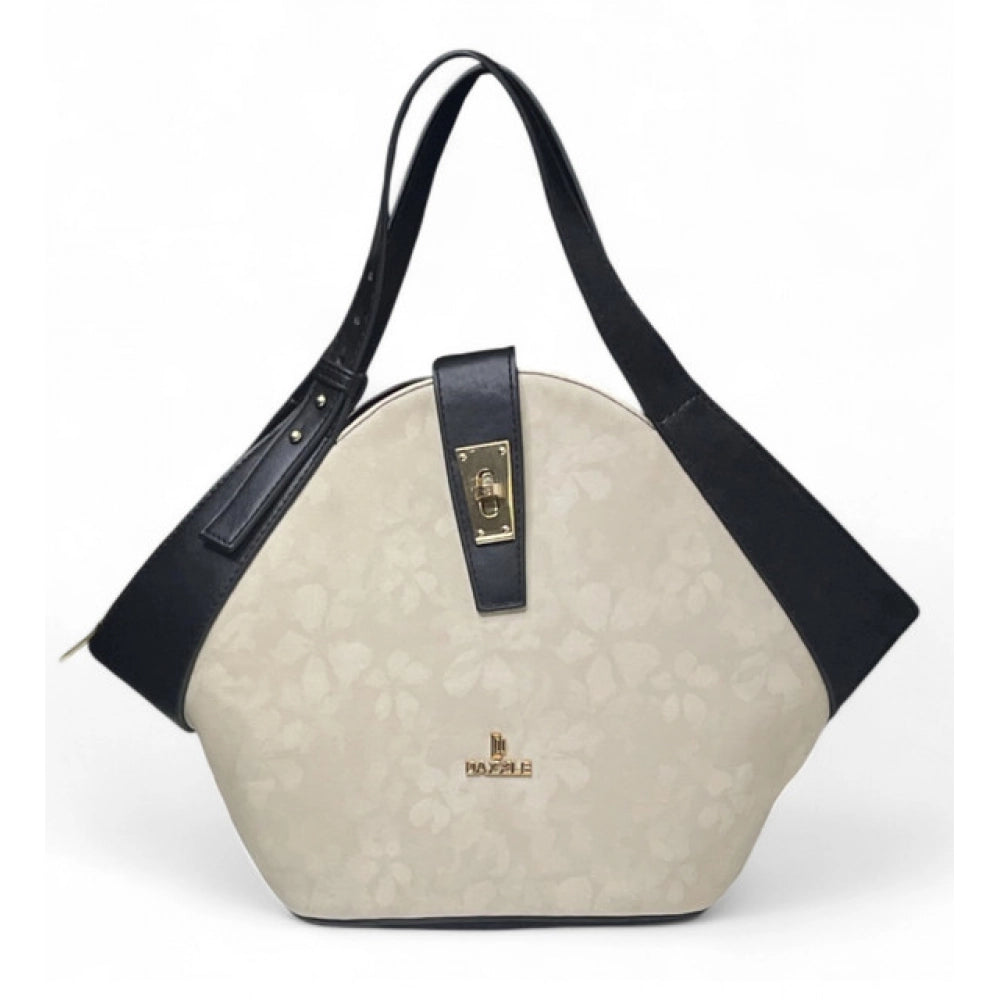 Women's Polyurethane Floral Printed Hexagonal Satchel Handbag with Adjustable Strap (White)