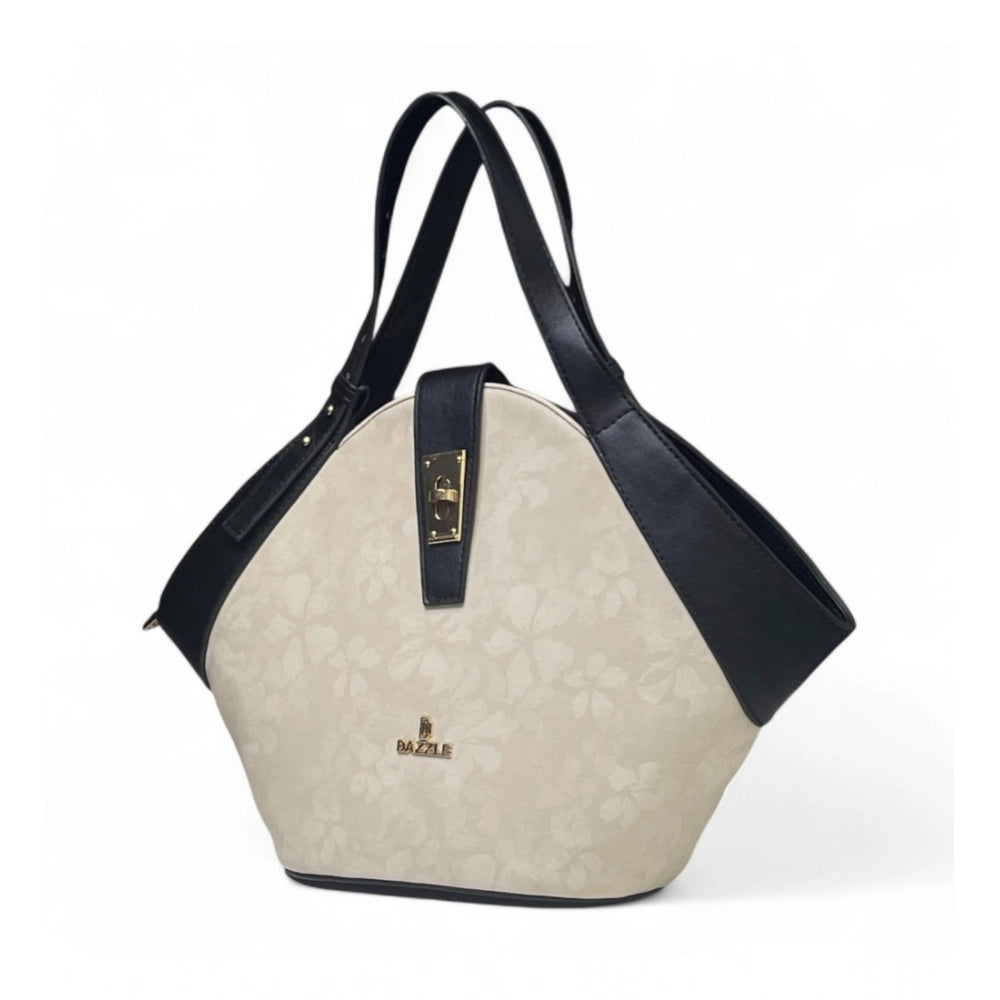 Women's Polyurethane Floral Printed Hexagonal Satchel Handbag with Adjustable Strap (White)