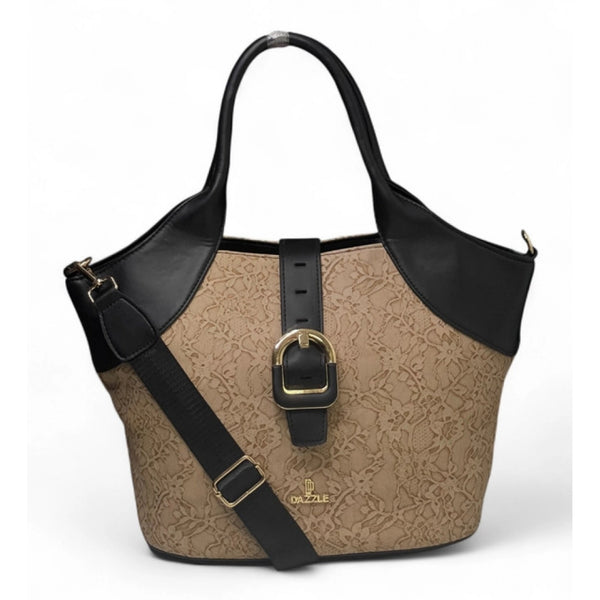 Women's Polyurethane Textured Two-Tone Tote Handbag with Adjustable &amp; Removable Strap (Beige)