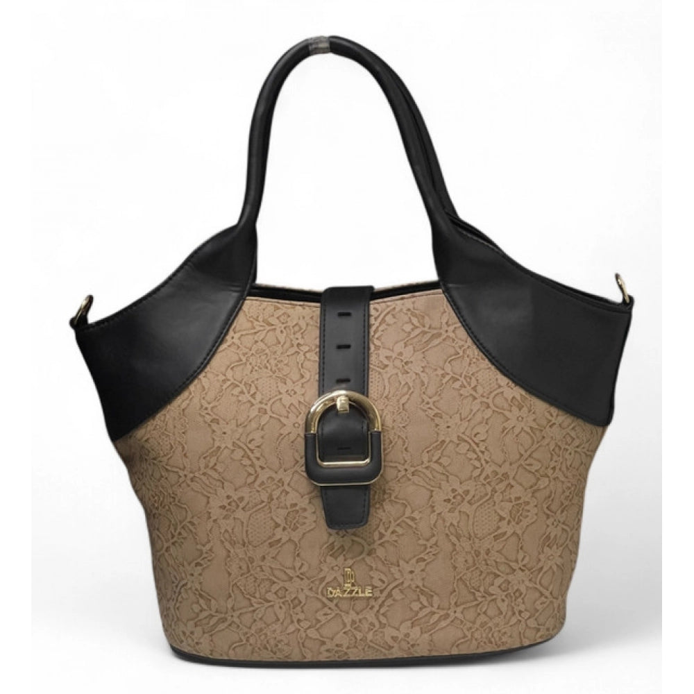 Women's Polyurethane Textured Two-Tone Tote Handbag with Adjustable &amp; Removable Strap (Beige)