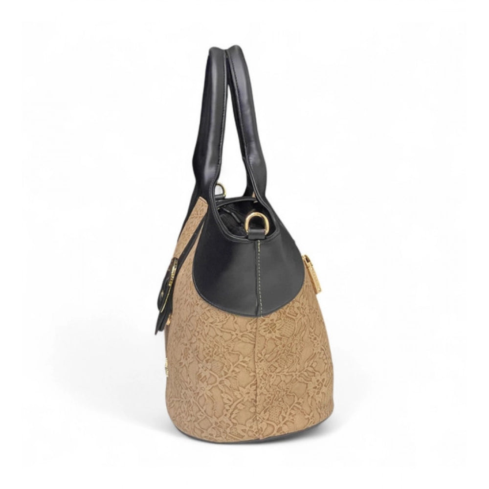 Women's Polyurethane Textured Two-Tone Tote Handbag with Adjustable &amp; Removable Strap (Beige)