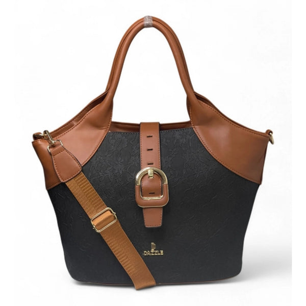 Women's Polyurethane Textured Two-Tone Tote Handbag with Adjustable &amp; Removable Strap (Black-Tan)