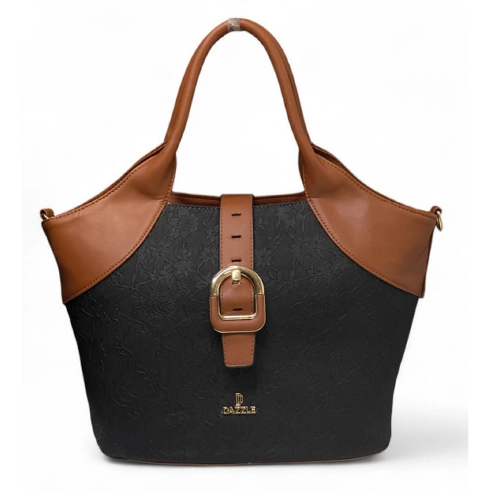 Women's Polyurethane Textured Two-Tone Tote Handbag with Adjustable &amp; Removable Strap (Black-Tan)