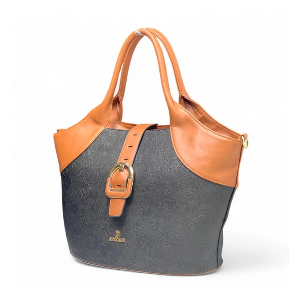 Women's Polyurethane Textured Two-Tone Tote Handbag with Adjustable &amp; Removable Strap (Black-Tan)