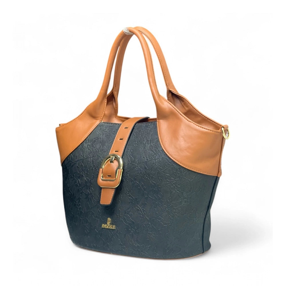 Women's Polyurethane Textured Two-Tone Tote Handbag with Adjustable &amp; Removable Strap (Black-Tan)