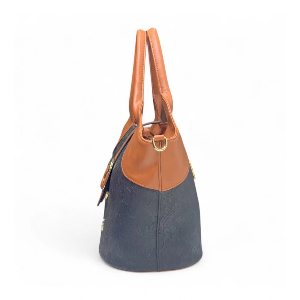 Women's Polyurethane Textured Two-Tone Tote Handbag with Adjustable &amp; Removable Strap (Black-Tan)