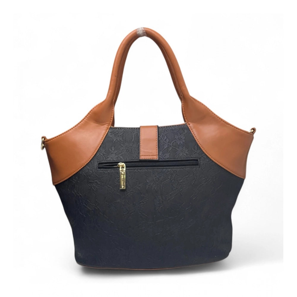 Women's Polyurethane Textured Two-Tone Tote Handbag with Adjustable &amp; Removable Strap (Black-Tan)