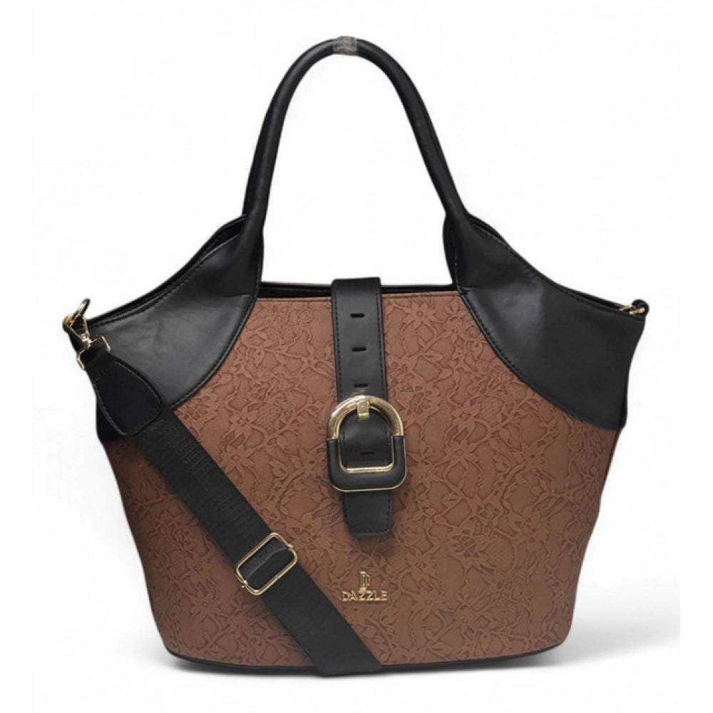 Women's Polyurethane Textured Two-Tone Tote Handbag with Adjustable &amp; Removable Strap (Brown)