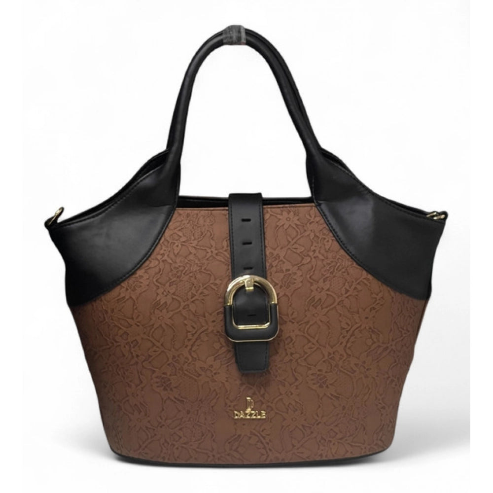 Women's Polyurethane Textured Two-Tone Tote Handbag with Adjustable &amp; Removable Strap (Brown)