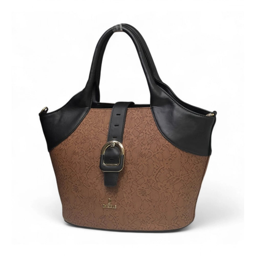 Women's Polyurethane Textured Two-Tone Tote Handbag with Adjustable &amp; Removable Strap (Brown)