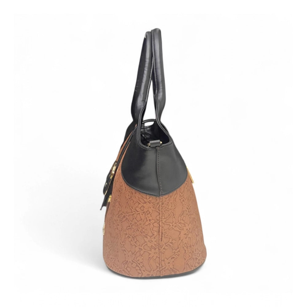 Women's Polyurethane Textured Two-Tone Tote Handbag with Adjustable &amp; Removable Strap (Brown)