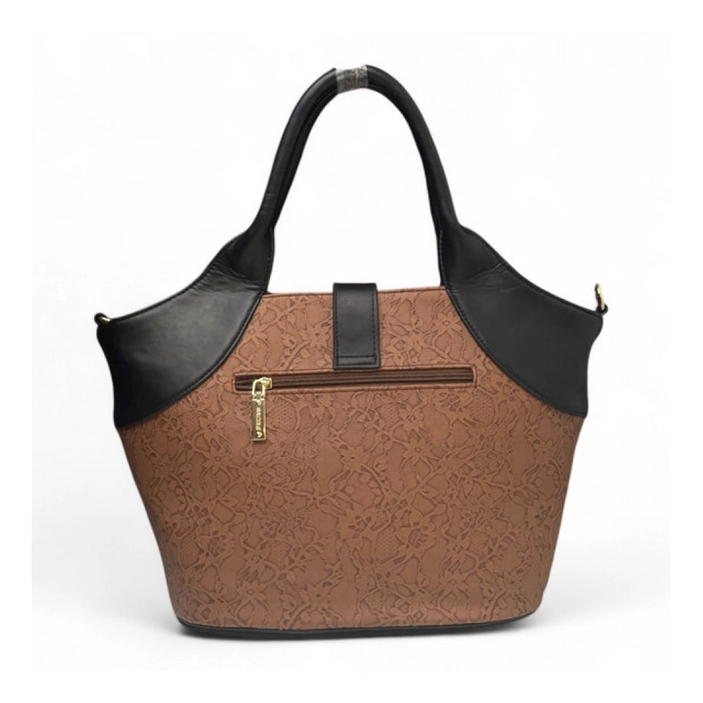 Women's Polyurethane Textured Two-Tone Tote Handbag with Adjustable &amp; Removable Strap (Brown)