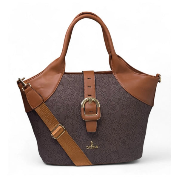 Women's Polyurethane Textured Two-Tone Tote Handbag with Adjustable &amp; Removable Strap (Dark Brown)