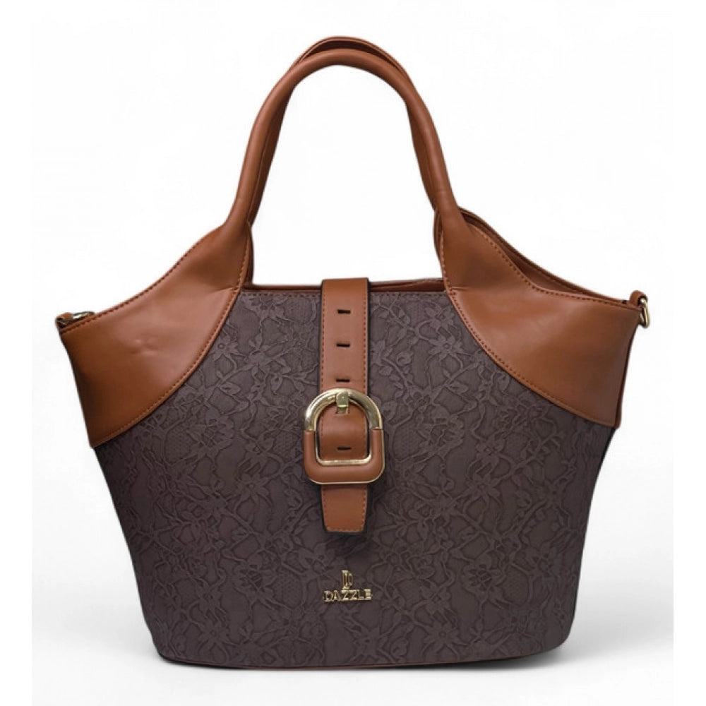 Women's Polyurethane Textured Two-Tone Tote Handbag with Adjustable &amp; Removable Strap (Dark Brown)