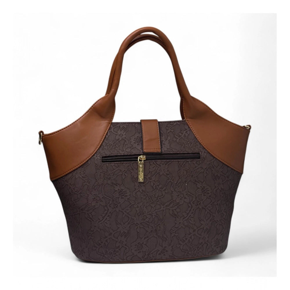 Women's Polyurethane Textured Two-Tone Tote Handbag with Adjustable &amp; Removable Strap (Dark Brown)