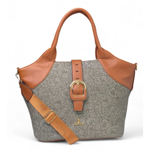 Women's Polyurethane Textured Two-Tone Tote Handbag with Adjustable &amp; Removable Strap (Grey)