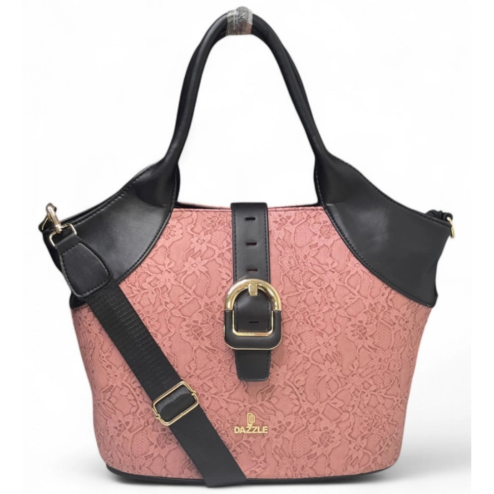 Women's Polyurethane Textured Two-Tone Tote Handbag with Adjustable &amp; Removable Strap (Pink)