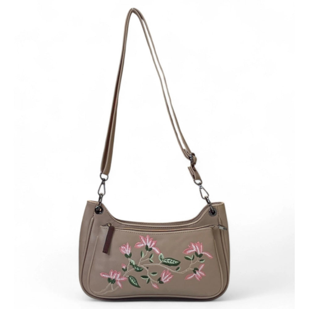 Women's Polyurethane Floral Embroidered Crossbody Sling Bag with Adjustable &amp; Removable Strap (Beige)