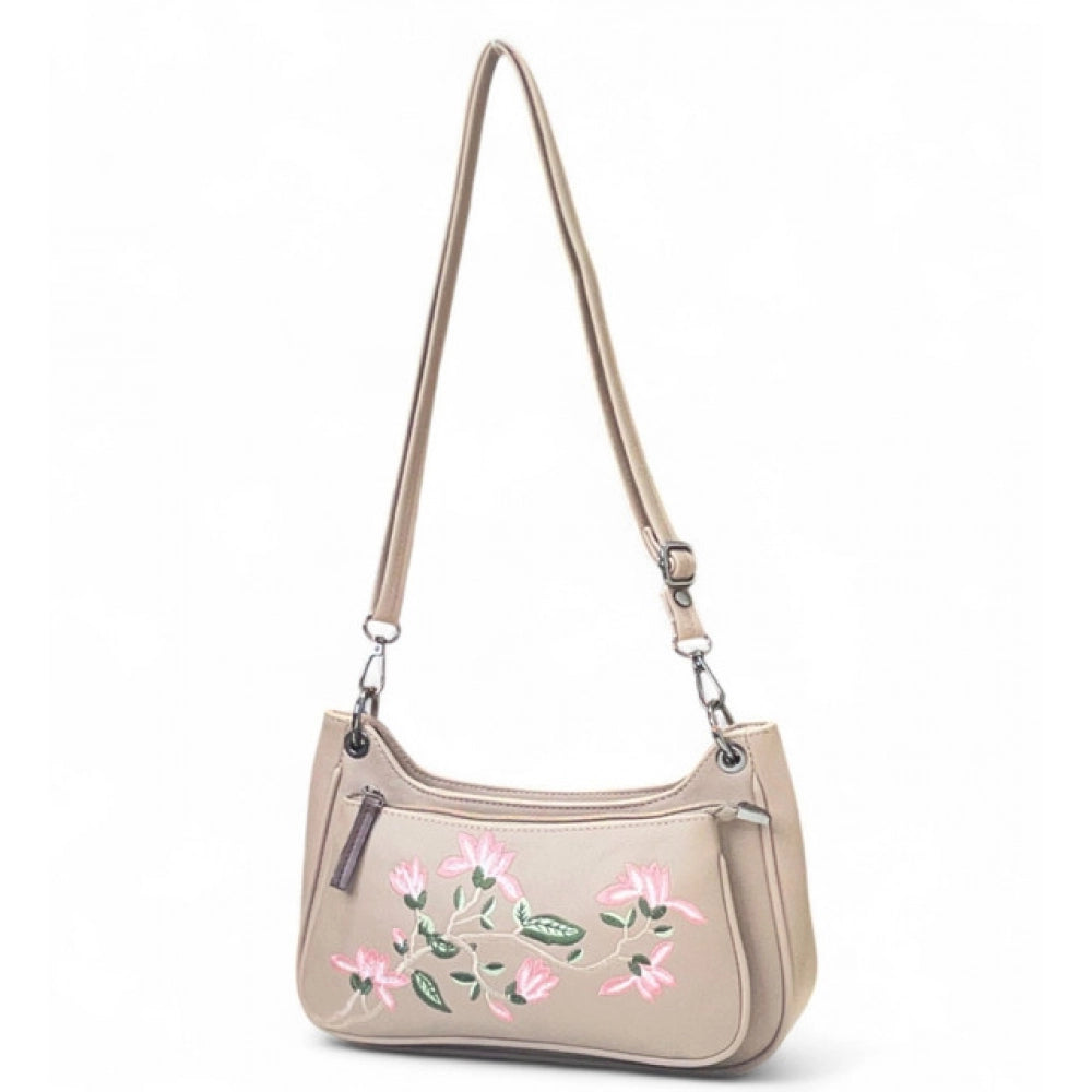 Women's Polyurethane Floral Embroidered Crossbody Sling Bag with Adjustable &amp; Removable Strap (Beige)