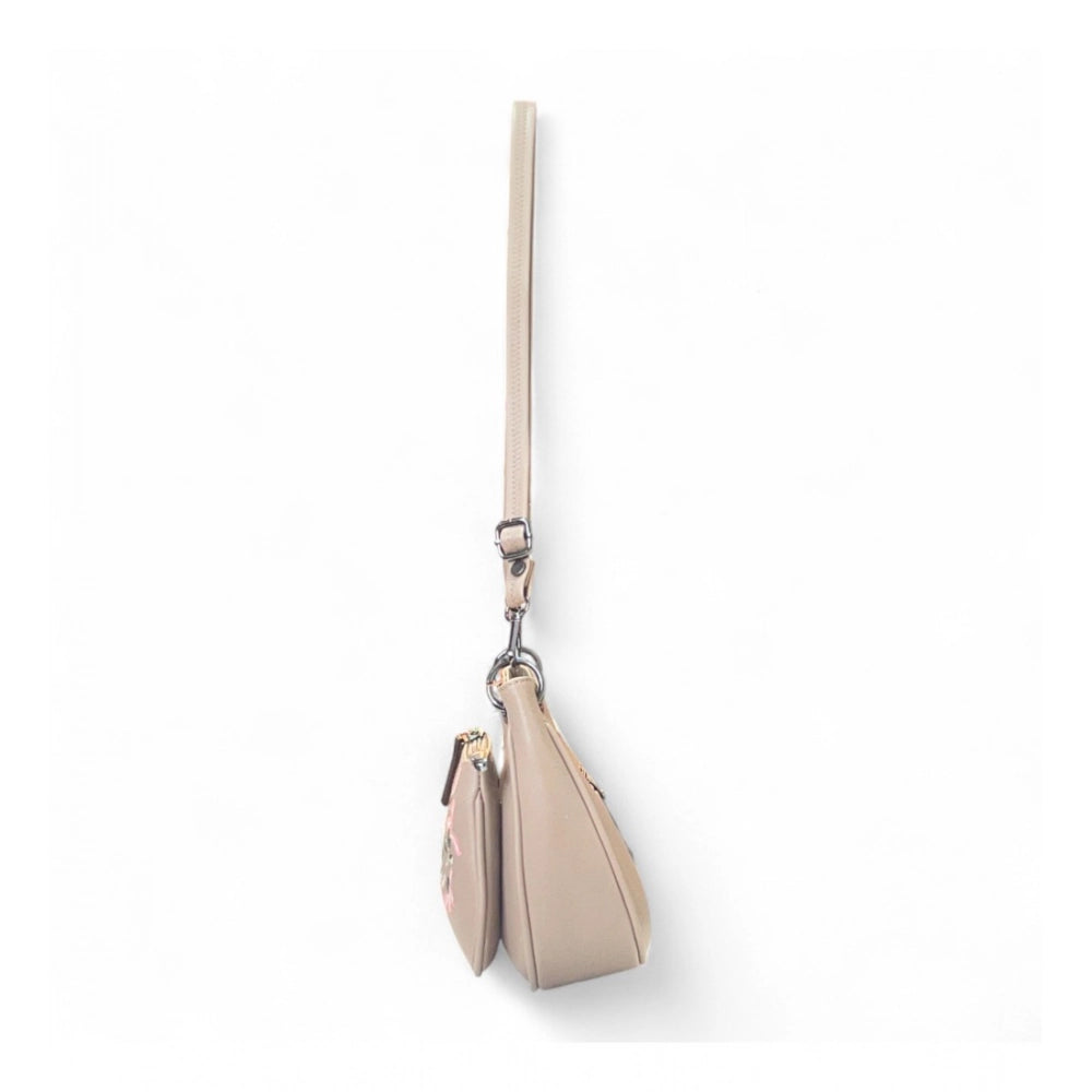 Women's Polyurethane Floral Embroidered Crossbody Sling Bag with Adjustable &amp; Removable Strap (Beige)