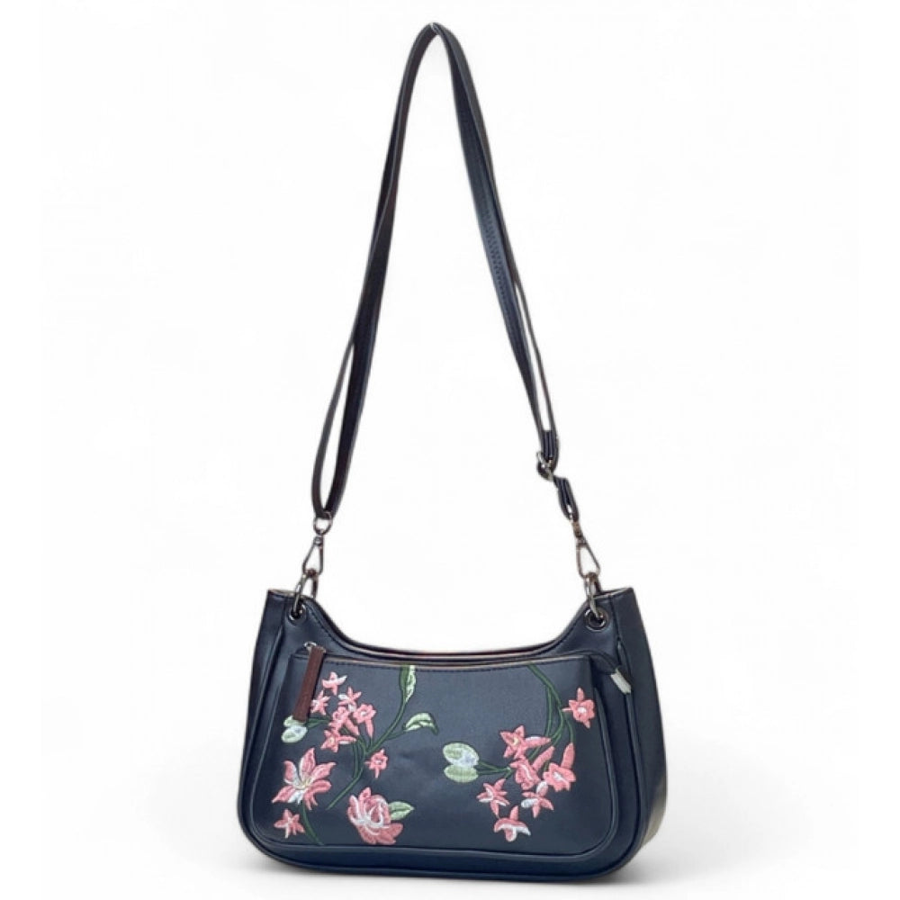 Women's Polyurethane Floral Embroidered Crossbody Sling Bag with Adjustable &amp; Removable Strap (Black)