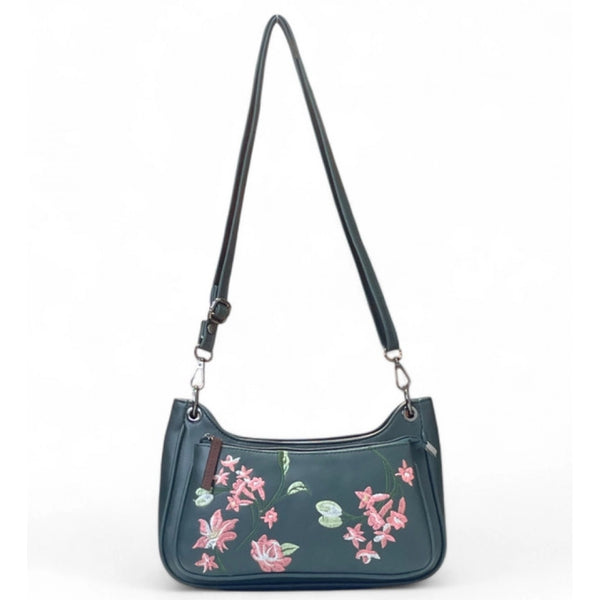 Women's Polyurethane Floral Embroidered Crossbody Sling Bag with Adjustable &amp; Removable Strap (Blue)