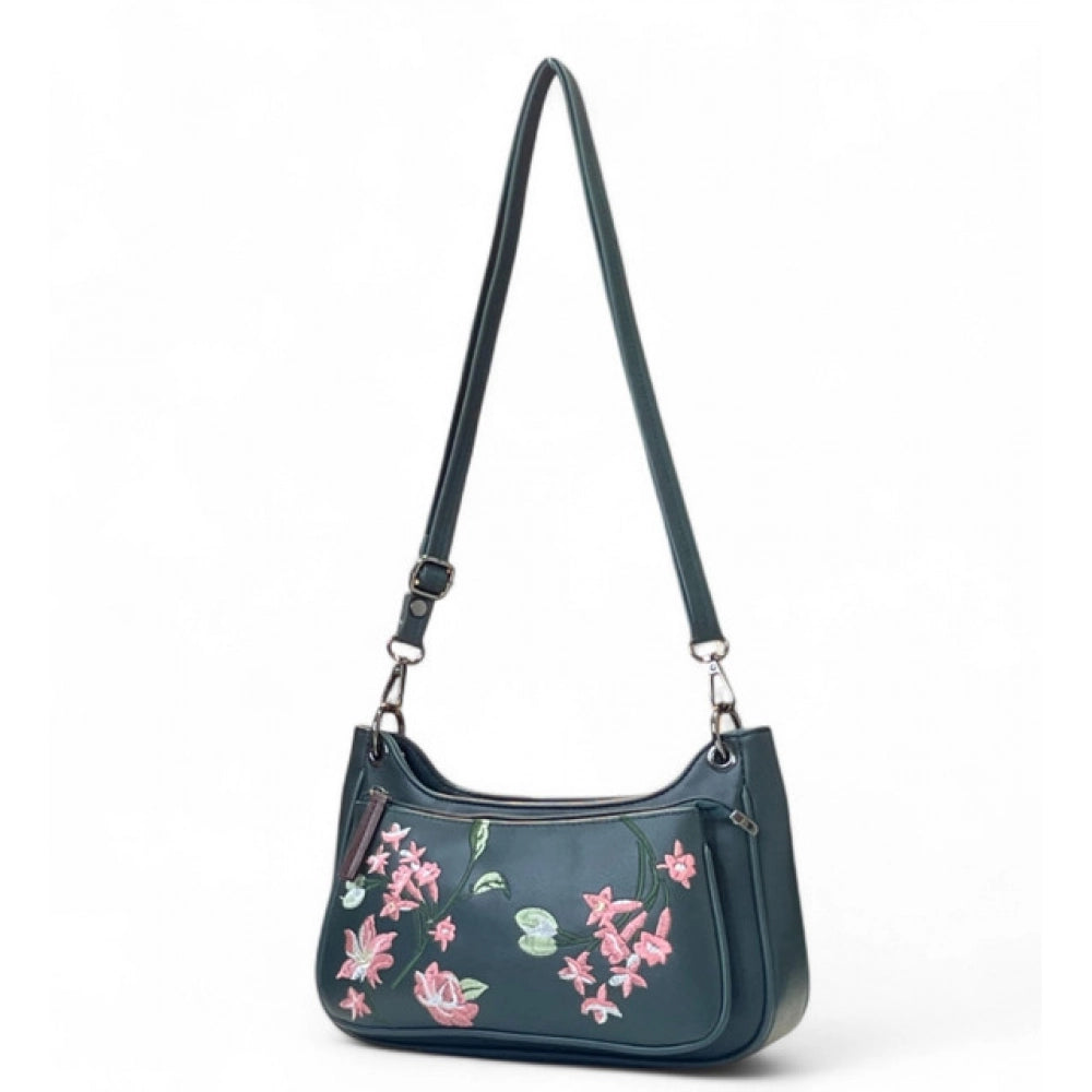 Women's Polyurethane Floral Embroidered Crossbody Sling Bag with Adjustable &amp; Removable Strap (Blue)