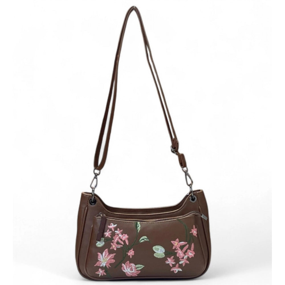 Women's Polyurethane Floral Embroidered Crossbody Sling Bag with Adjustable &amp; Removable Strap (Brown)