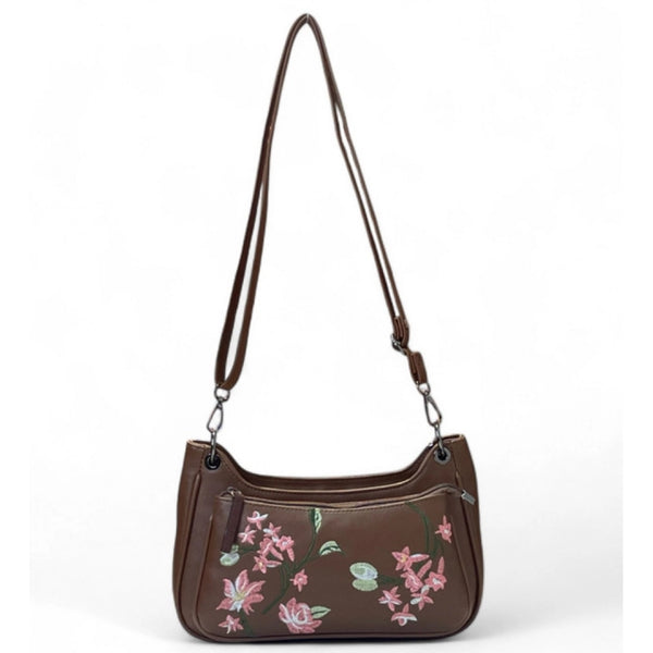 Women's Polyurethane Floral Embroidered Crossbody Sling Bag with Adjustable &amp; Removable Strap (Brown)