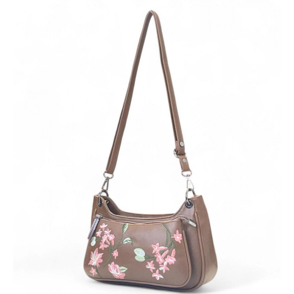 Women's Polyurethane Floral Embroidered Crossbody Sling Bag with Adjustable &amp; Removable Strap (Brown)
