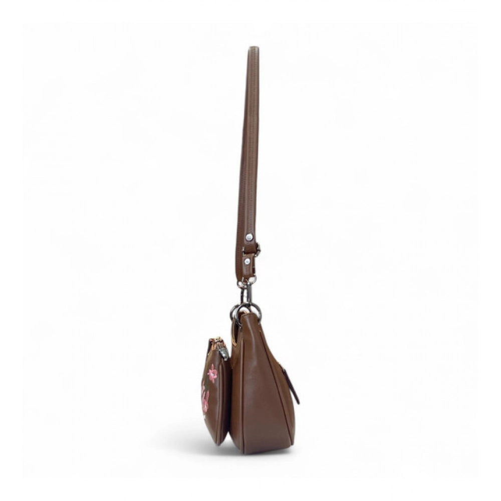 Women's Polyurethane Floral Embroidered Crossbody Sling Bag with Adjustable &amp; Removable Strap (Brown)