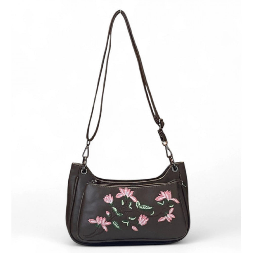 Women's Polyurethane Floral Embroidered Crossbody Sling Bag with Adjustable &amp; Removable Strap (Dark Brown)