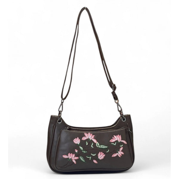 Women's Polyurethane Floral Embroidered Crossbody Sling Bag with Adjustable &amp; Removable Strap (Dark Brown)
