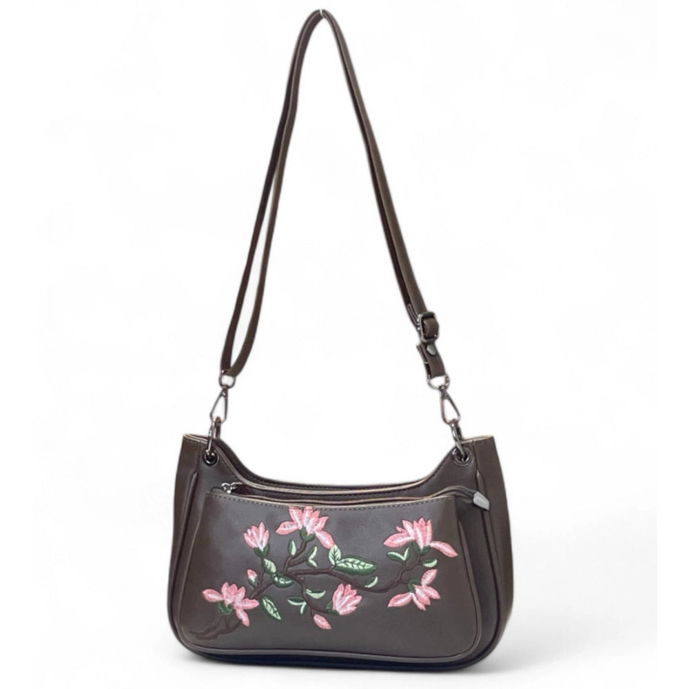 Women's Polyurethane Floral Embroidered Crossbody Sling Bag with Adjustable &amp; Removable Strap (Dark Brown)