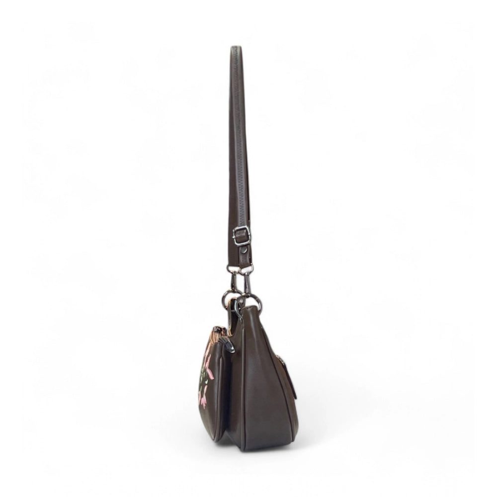 Women's Polyurethane Floral Embroidered Crossbody Sling Bag with Adjustable &amp; Removable Strap (Dark Brown)