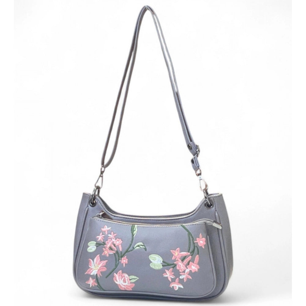 Women's Polyurethane Floral Embroidered Crossbody Sling Bag with Adjustable &amp; Removable Strap (Grey)