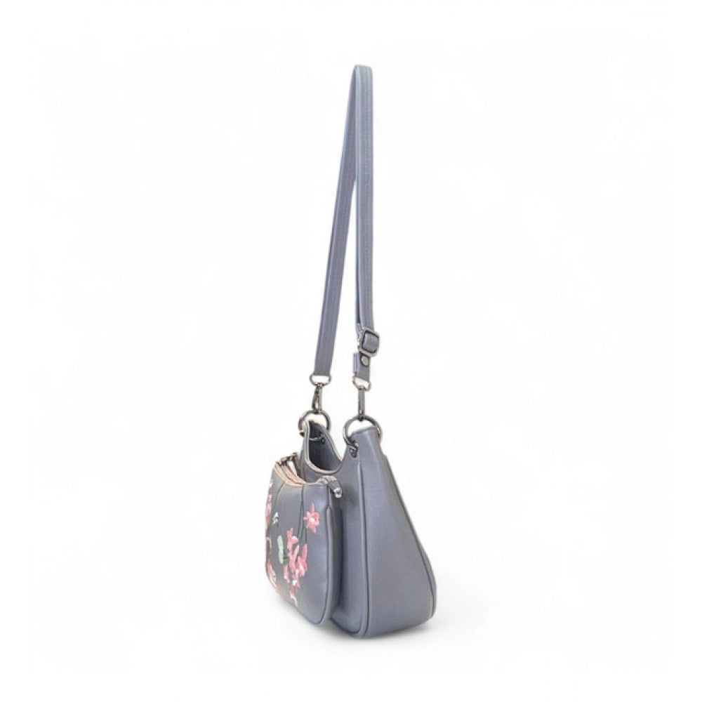 Women's Polyurethane Floral Embroidered Crossbody Sling Bag with Adjustable &amp; Removable Strap (Grey)