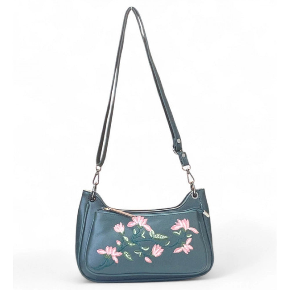 Women's Polyurethane Floral Embroidered Crossbody Sling Bag with Adjustable &amp; Removable Strap (Light Blue)