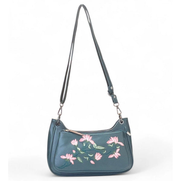 Women's Polyurethane Floral Embroidered Crossbody Sling Bag with Adjustable &amp; Removable Strap (Light Blue)