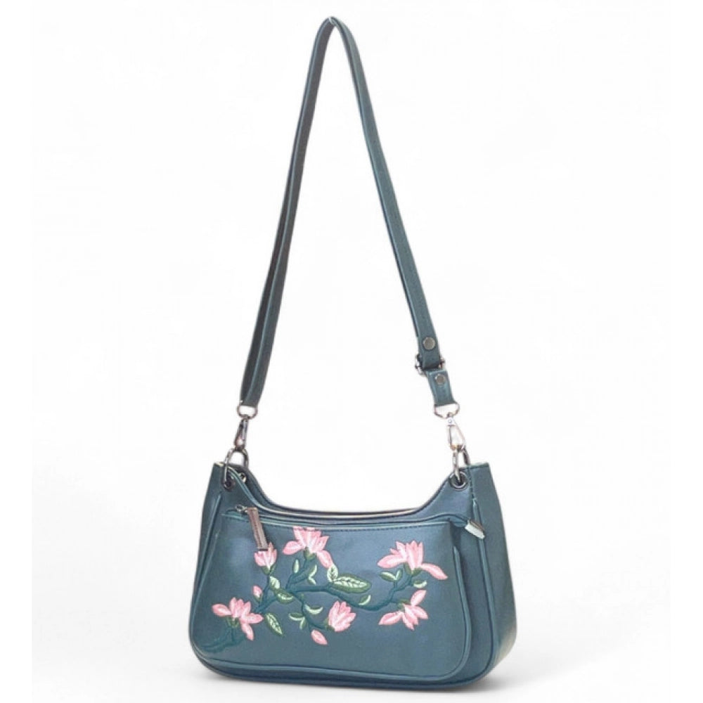 Women's Polyurethane Floral Embroidered Crossbody Sling Bag with Adjustable &amp; Removable Strap (Light Blue)