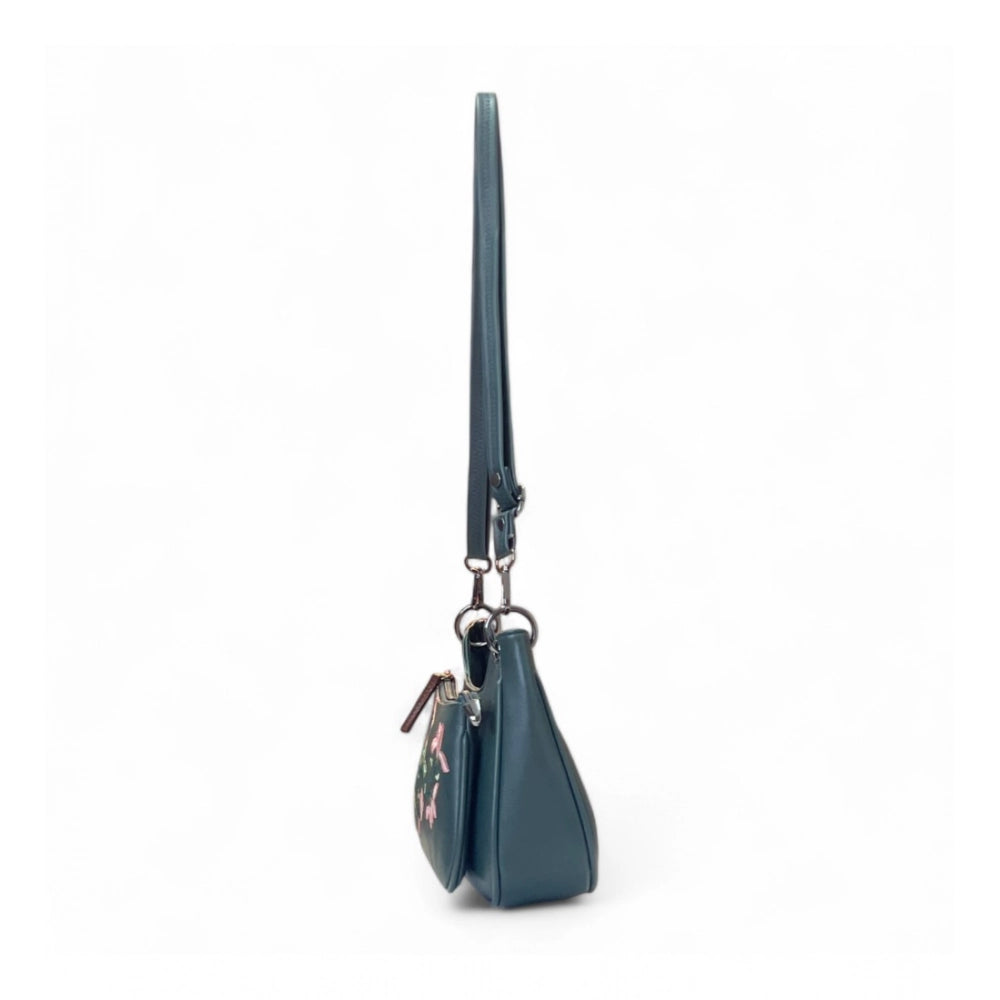 Women's Polyurethane Floral Embroidered Crossbody Sling Bag with Adjustable &amp; Removable Strap (Light Blue)