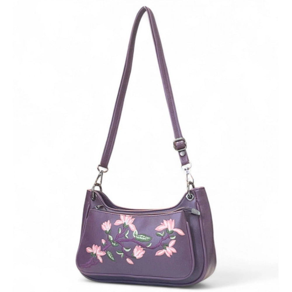 Women's Polyurethane Floral Embroidered Crossbody Sling Bag with Adjustable &amp; Removable Strap (Purple)