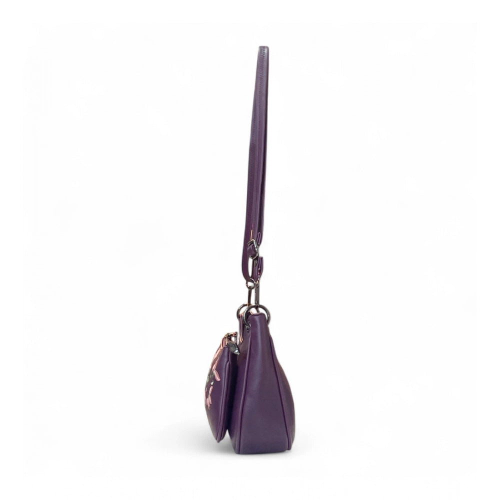 Women's Polyurethane Floral Embroidered Crossbody Sling Bag with Adjustable &amp; Removable Strap (Purple)