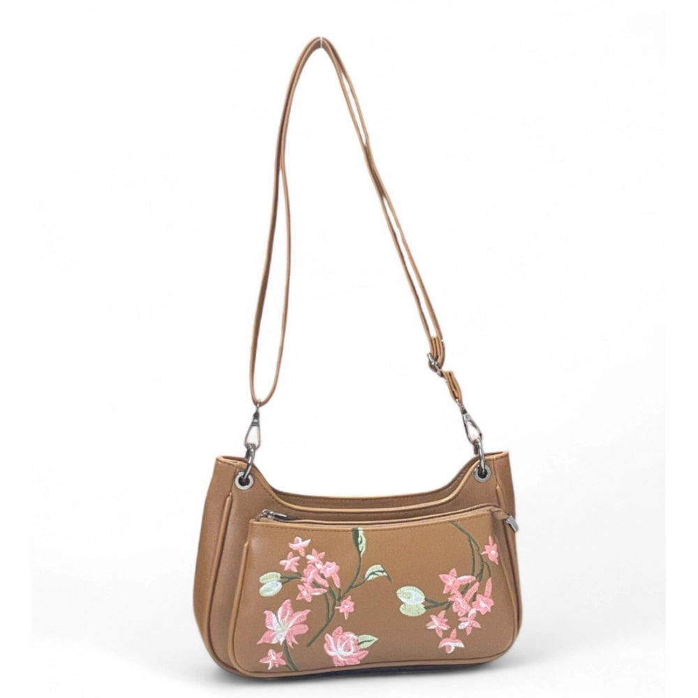 Women's Polyurethane Floral Embroidered Crossbody Sling Bag with Adjustable &amp; Removable Strap (Tan)