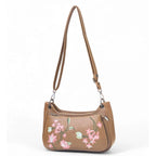 Women's Polyurethane Floral Embroidered Crossbody Sling Bag with Adjustable & Removable Strap (Tan)