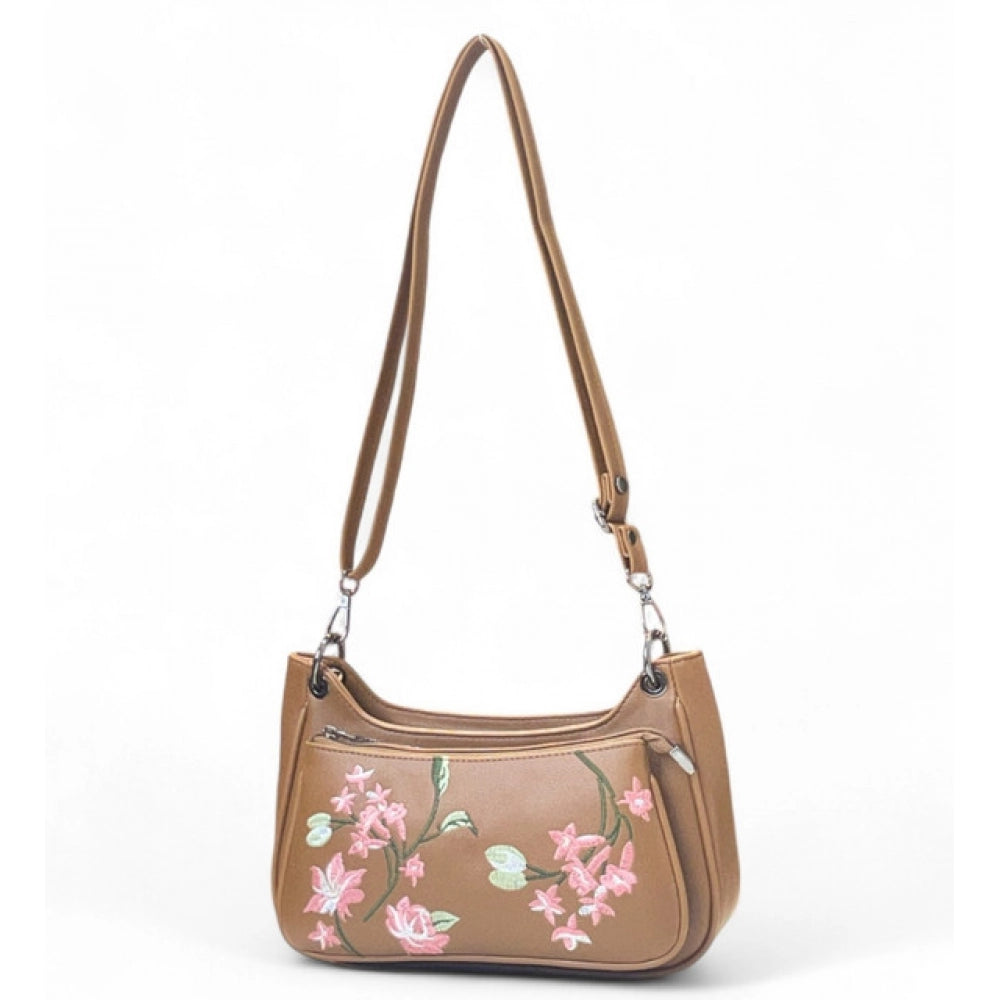 Women's Polyurethane Floral Embroidered Crossbody Sling Bag with Adjustable &amp; Removable Strap (Tan)