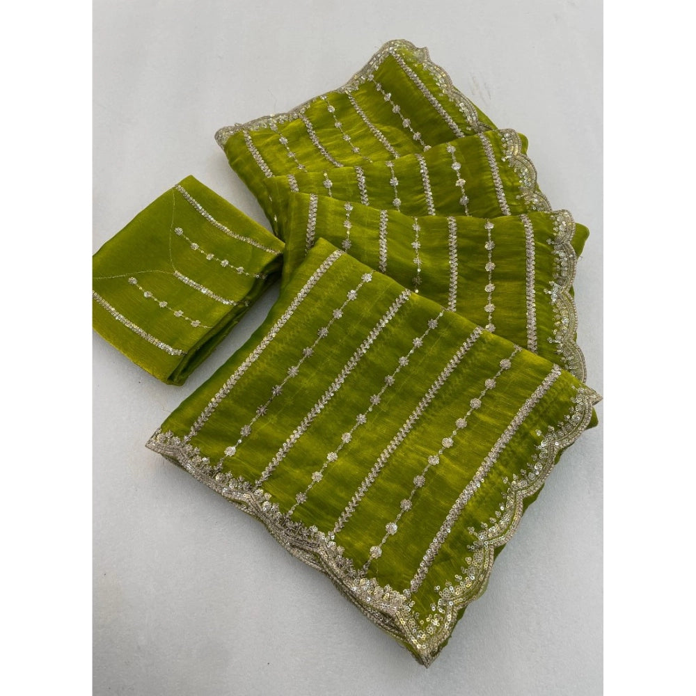 Women's Jimmy Choo Embellished Saree With Unstitched Blouse 5.5Mtr (Olive Green)
