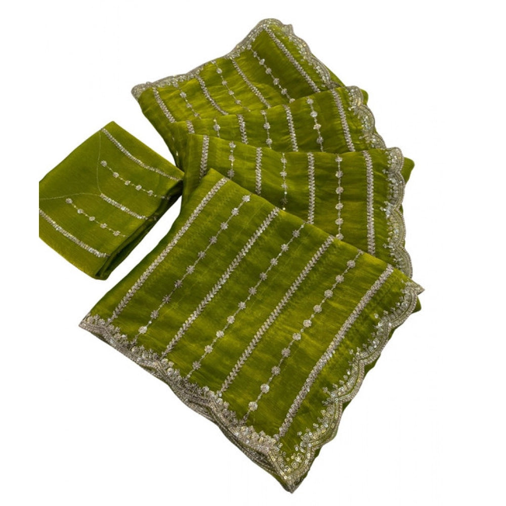 Women's Jimmy Choo Embellished Saree With Unstitched Blouse 5.5Mtr (Olive Green)