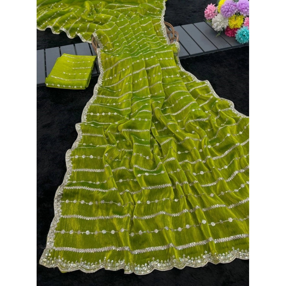 Women's Jimmy Choo Embellished Saree With Unstitched Blouse 5.5Mtr (Olive Green)